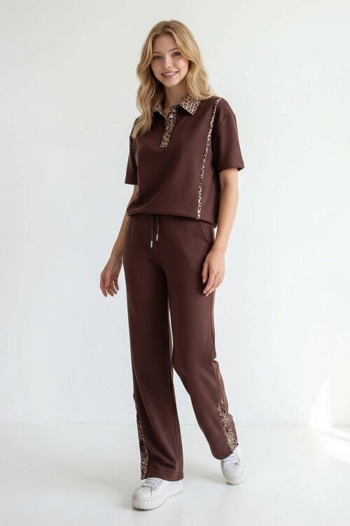 Acı Kahve Leopar Garnili Modal Kumaş Alt Üst Takım