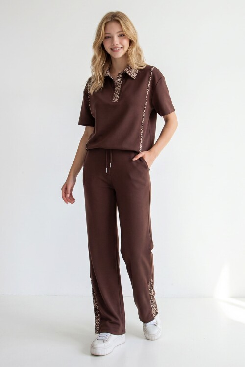 Acı Kahve Leopar Garnili Modal Kumaş Alt Üst Takım