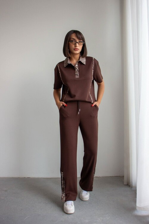 Acı Kahve Leopar Garnili Modal Kumaş Alt Üst Takım