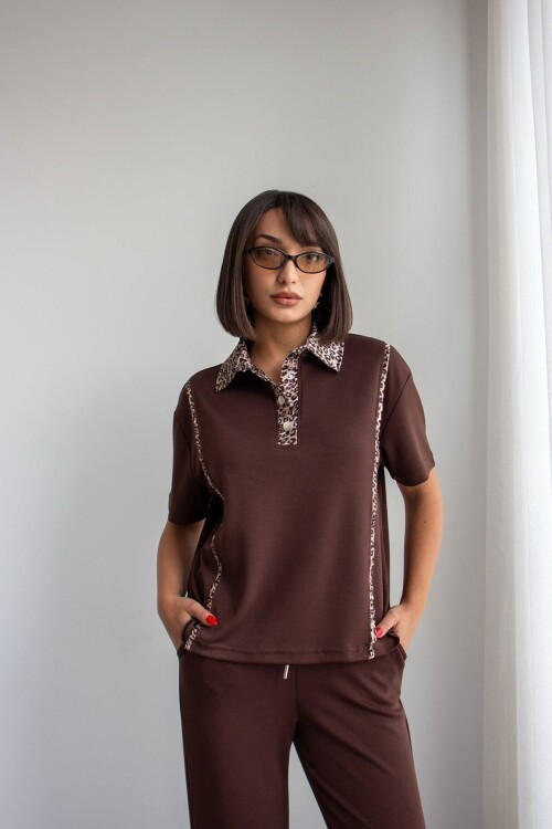 Acı Kahve Leopar Garnili Modal Kumaş Alt Üst Takım