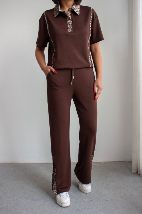 Acı Kahve Leopar Garnili Modal Kumaş Alt Üst Takım