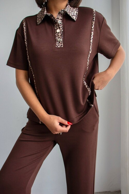 Acı Kahve Leopar Garnili Modal Kumaş Alt Üst Takım