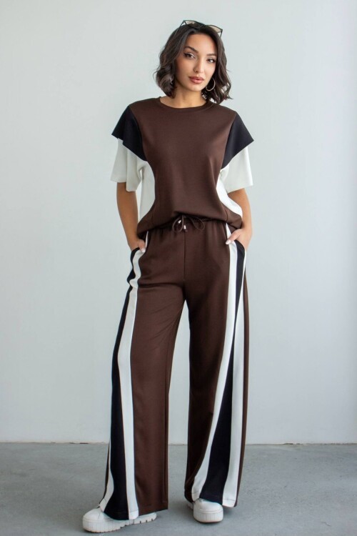 Acı Kahve Renk Bloklu Modal Kumaş Alt Üst Takım