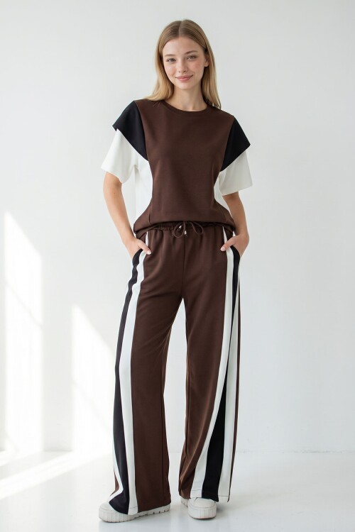 Acı Kahve Renk Bloklu Modal Kumaş Alt Üst Takım