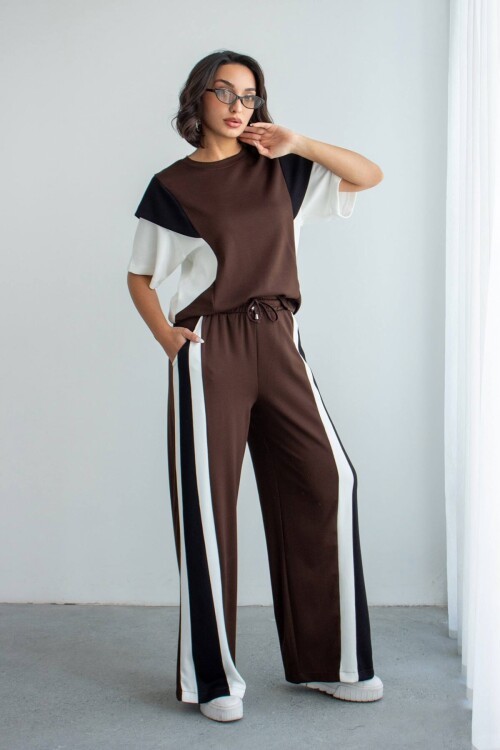 Acı Kahve Renk Bloklu Modal Kumaş Alt Üst Takım