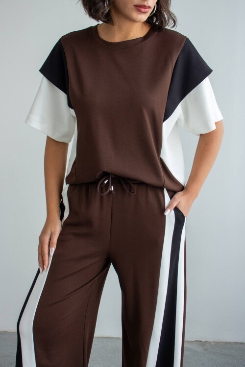 Acı Kahve Renk Bloklu Modal Kumaş Alt Üst Takım