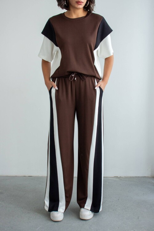 Acı Kahve Renk Bloklu Modal Kumaş Alt Üst Takım