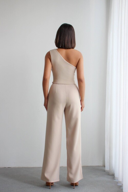 Bej Aksesuar Detaylı Bluz Ve Pantolon Dokuma Alt Üst Takım