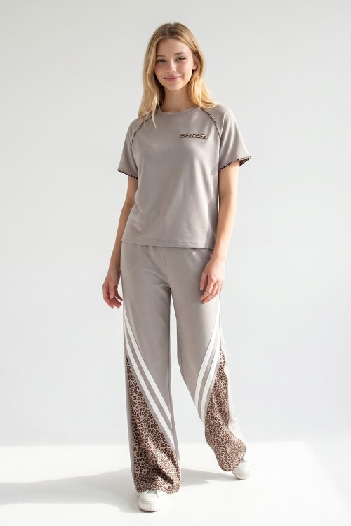 Bej Leopar Garnili Modal Kumaş Alt Üst Takım