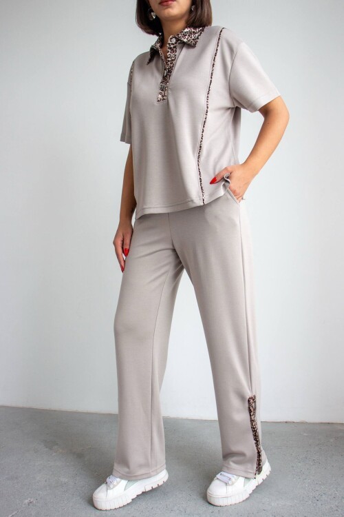 Bej Leopar Garnili Modal Kumaş Alt Üst Takım