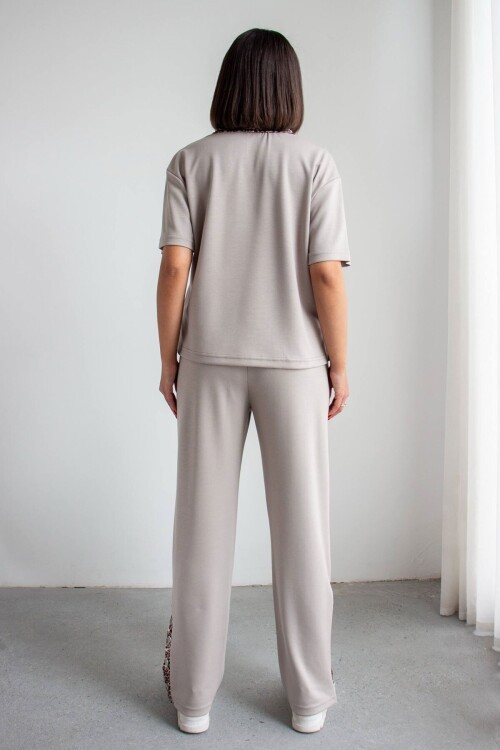 Bej Leopar Garnili Modal Kumaş Alt Üst Takım