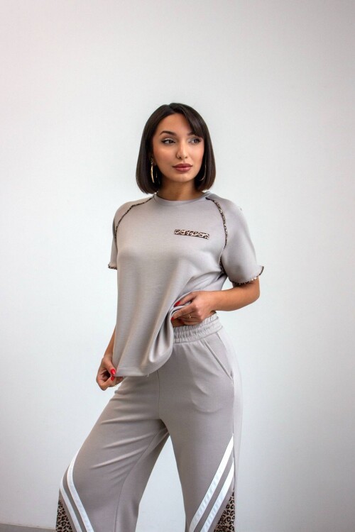 Bej Leopar Garnili Modal Kumaş Alt Üst Takım