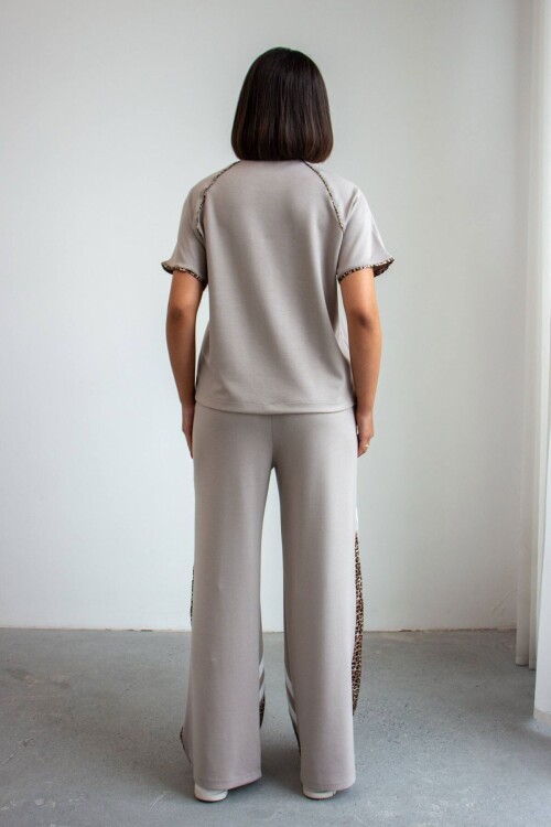 Bej Leopar Garnili Modal Kumaş Alt Üst Takım