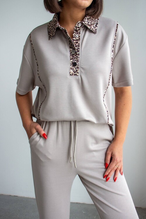 Bej Leopar Garnili Modal Kumaş Alt Üst Takım