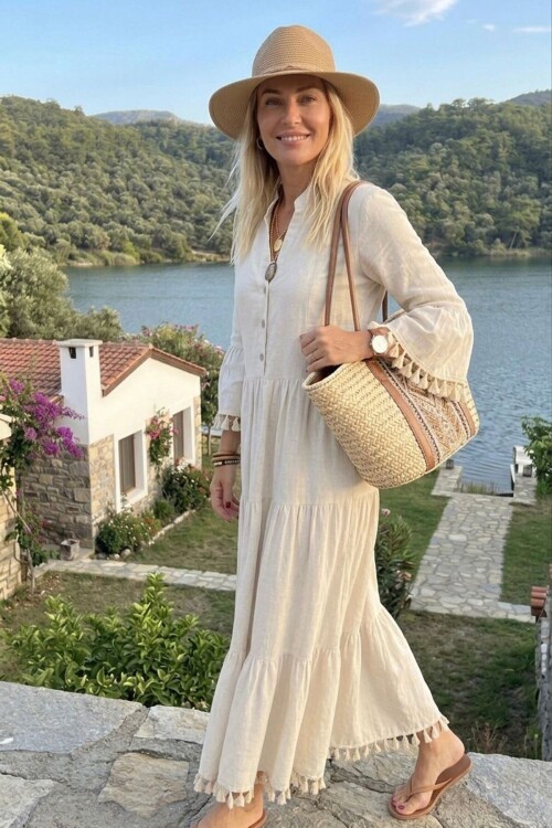 Alaçatı Keten Püskül Detaylı Maxi Boy Yazlık Elbise