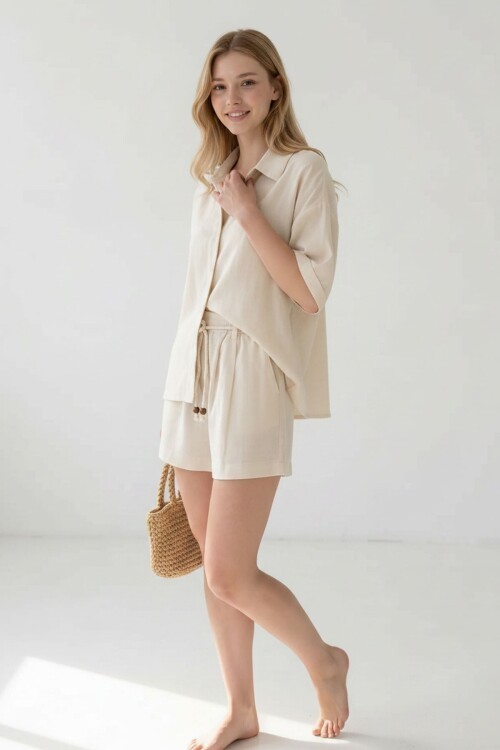 Bej Şort Ve Gömlek Yazlık Pamuklu Alt Üst Takım