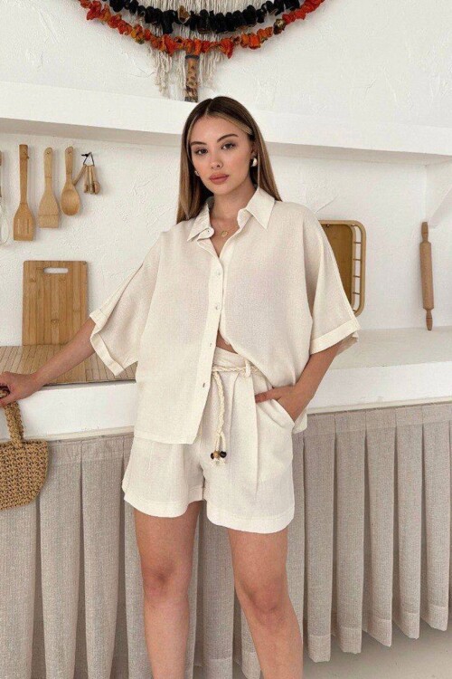 Bej Şort Ve Gömlek Yazlık Pamuklu Alt Üst Takım
