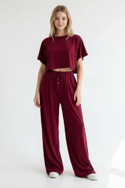 Bordo Bol Paça Rahat Kesim Modal Kumaş Alt Üst Takım