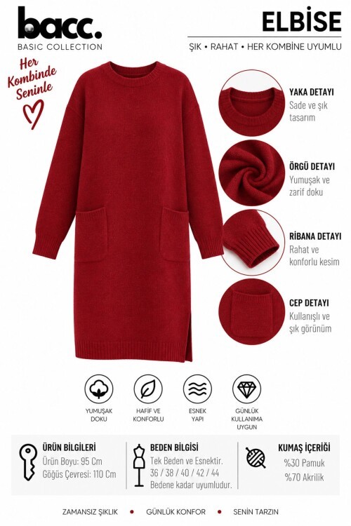 Bordo Çift Cepli Bisiklet Yaka Tunik Elbise