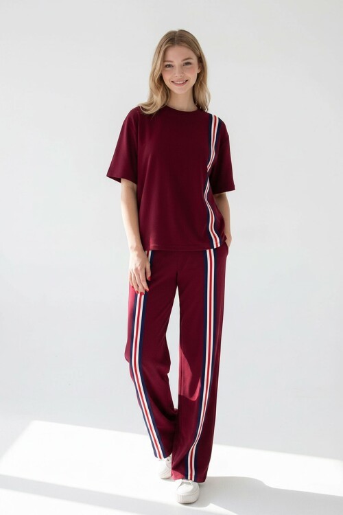 Bordo Çizgili Modal Kumaş Alt Üst Takım