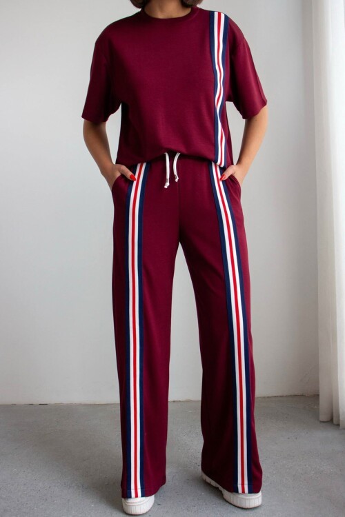 Bordo Çizgili Modal Kumaş Alt Üst Takım