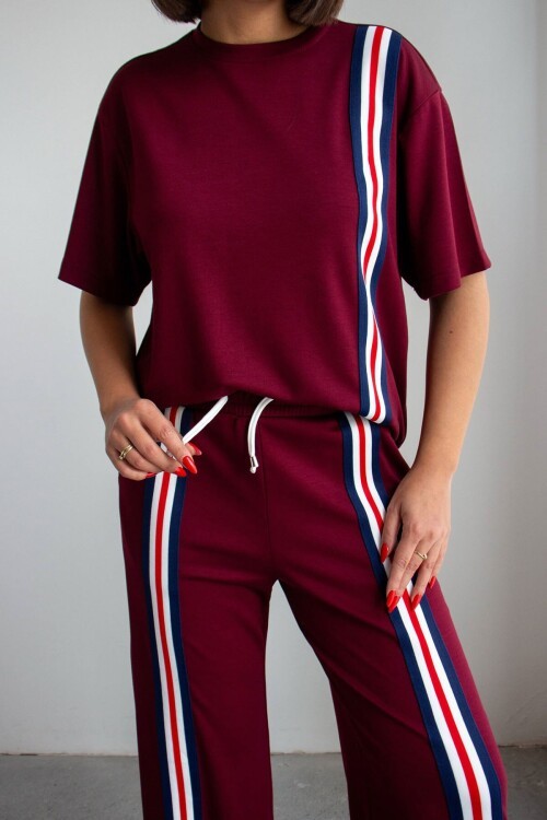 Bordo Çizgili Modal Kumaş Alt Üst Takım