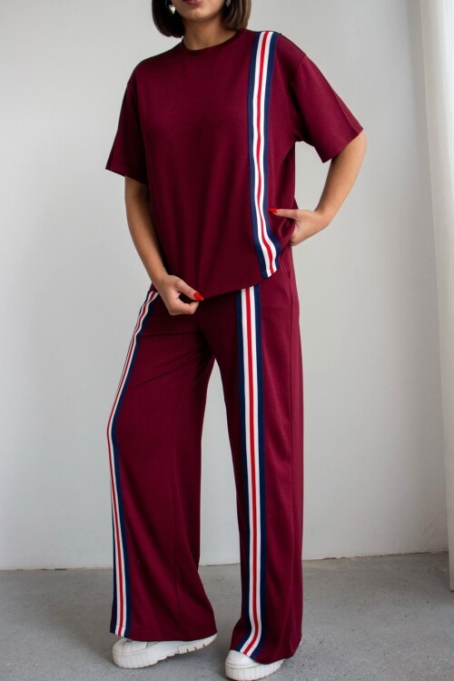 Bordo Çizgili Modal Kumaş Alt Üst Takım
