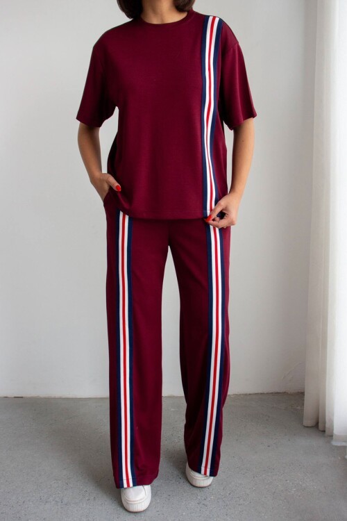 Bordo Çizgili Modal Kumaş Alt Üst Takım