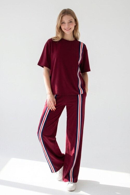 Bordo Çizgili Modal Kumaş Alt Üst Takım