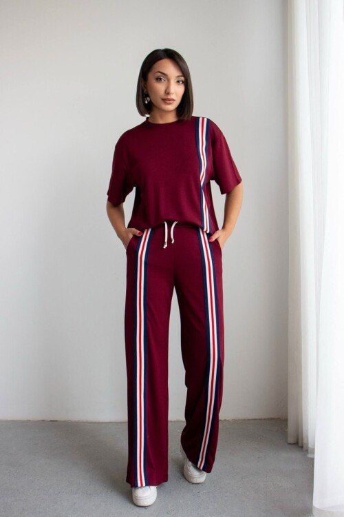 Bordo Çizgili Modal Kumaş Alt Üst Takım