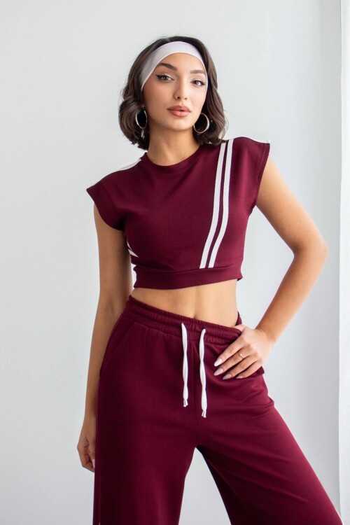 Bordo Çizgili Modal Kumaş Crop Alt Üst Takım