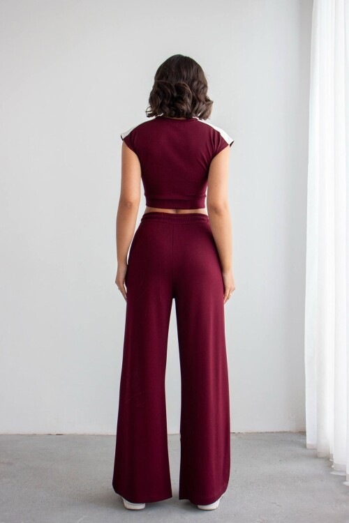 Bordo Çizgili Modal Kumaş Crop Alt Üst Takım