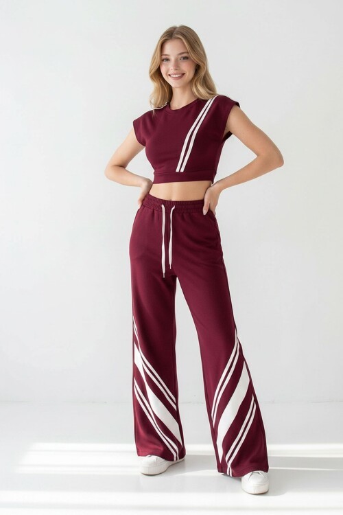 Bordo Çizgili Modal Kumaş Crop Alt Üst Takım