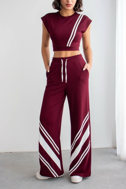 Bordo Çizgili Modal Kumaş Crop Alt Üst Takım
