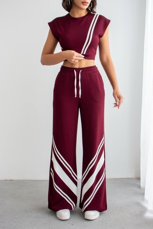 Bordo Çizgili Modal Kumaş Crop Alt Üst Takım