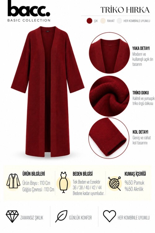 Bordo Duble Kol Oversize Uzun Salaş Triko Hırka