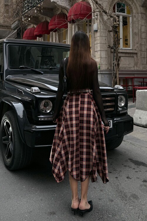 Bordo Ekose Desenli Beli Kemerli Maxi Boy Etek