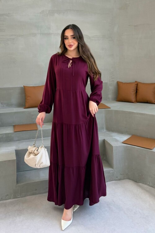 Bordo Kat Kat Volanlı Nervürlü Tesettür Elbise