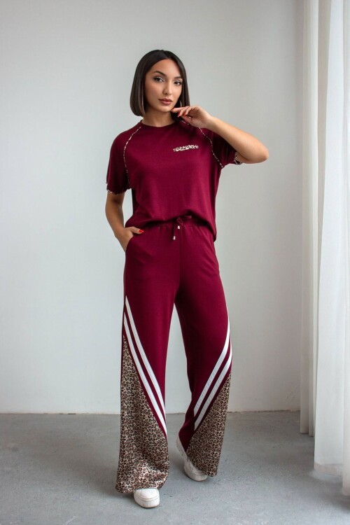 Bordo Leopar Garnili Modal Kumaş Alt Üst Takım