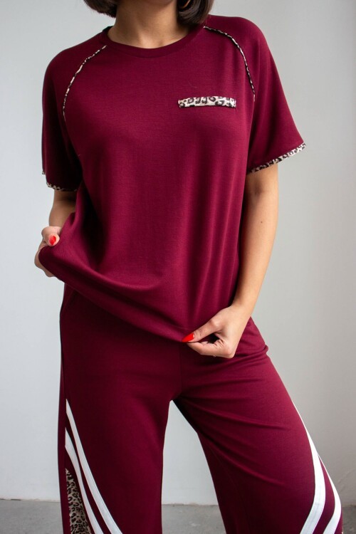 Bordo Leopar Garnili Modal Kumaş Alt Üst Takım
