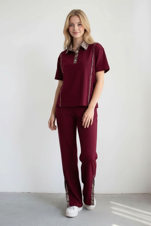 Bordo Leopar Garnili Modal Kumaş Alt Üst Takım