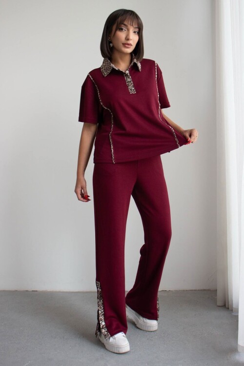 Bordo Leopar Garnili Modal Kumaş Alt Üst Takım