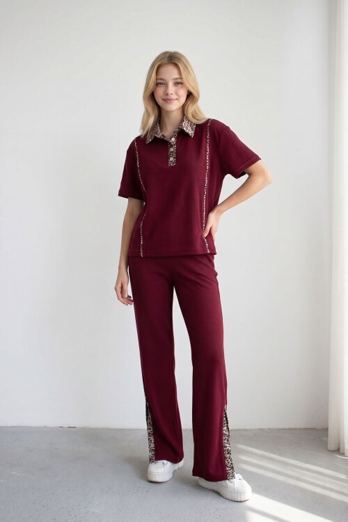 Bordo Leopar Garnili Modal Kumaş Alt Üst Takım