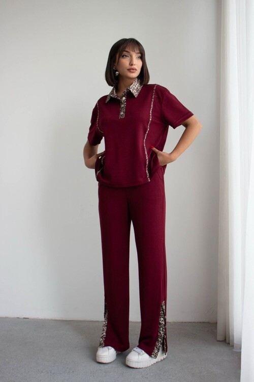 Bordo Leopar Garnili Modal Kumaş Alt Üst Takım
