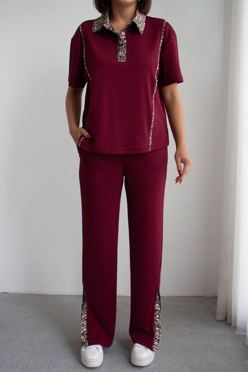 Bordo Leopar Garnili Modal Kumaş Alt Üst Takım