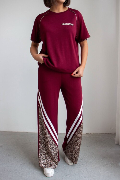 Bordo Leopar Garnili Modal Kumaş Alt Üst Takım