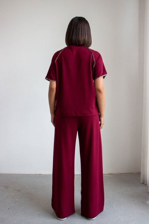 Bordo Leopar Garnili Modal Kumaş Alt Üst Takım