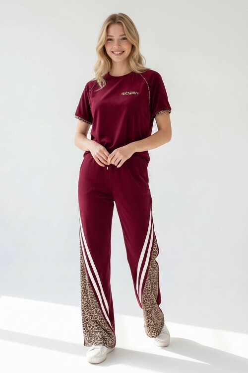 Bordo Leopar Garnili Modal Kumaş Alt Üst Takım