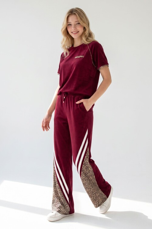 Bordo Leopar Garnili Modal Kumaş Alt Üst Takım