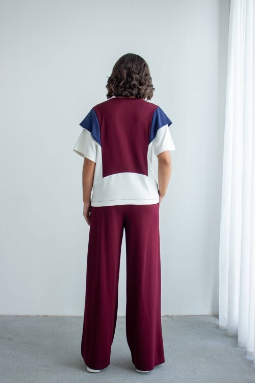 Bordo Renk Bloklu Modal Kumaş Alt Üst Takım